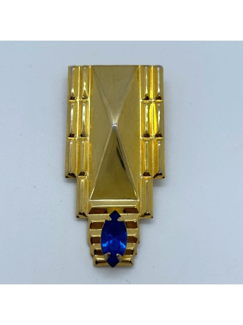 Art Deco Geometric Brooch Blue Rhinestone Vintage Skyscraper Gold Tone Pin Retro